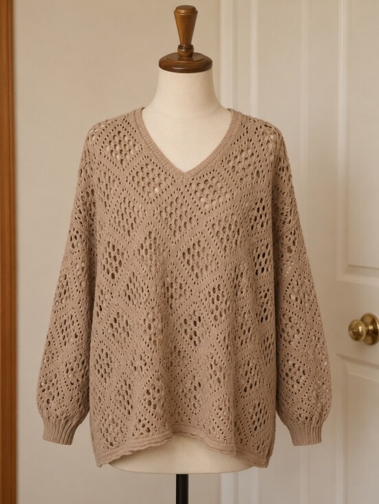 Sweaters - V-Neck Open Knit Sweater - Taupe